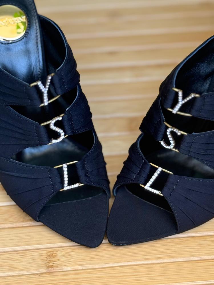 Saint Laurent Satin Crystal Strap Mule Heels