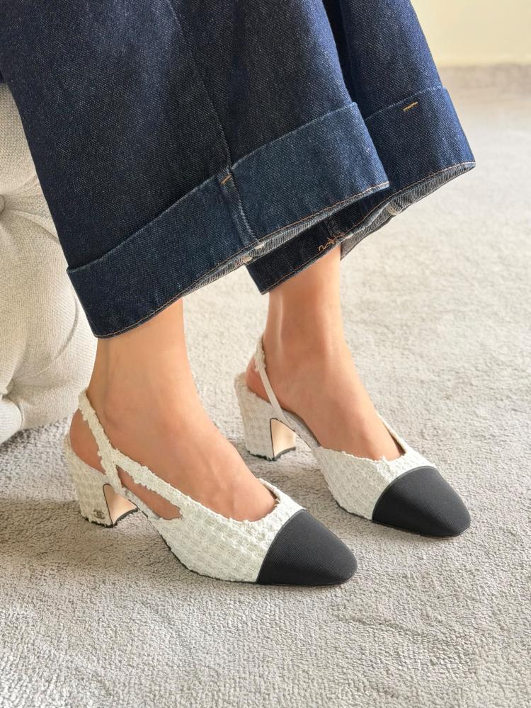Chanel Tweed Cap Toe Slingback Block Heel