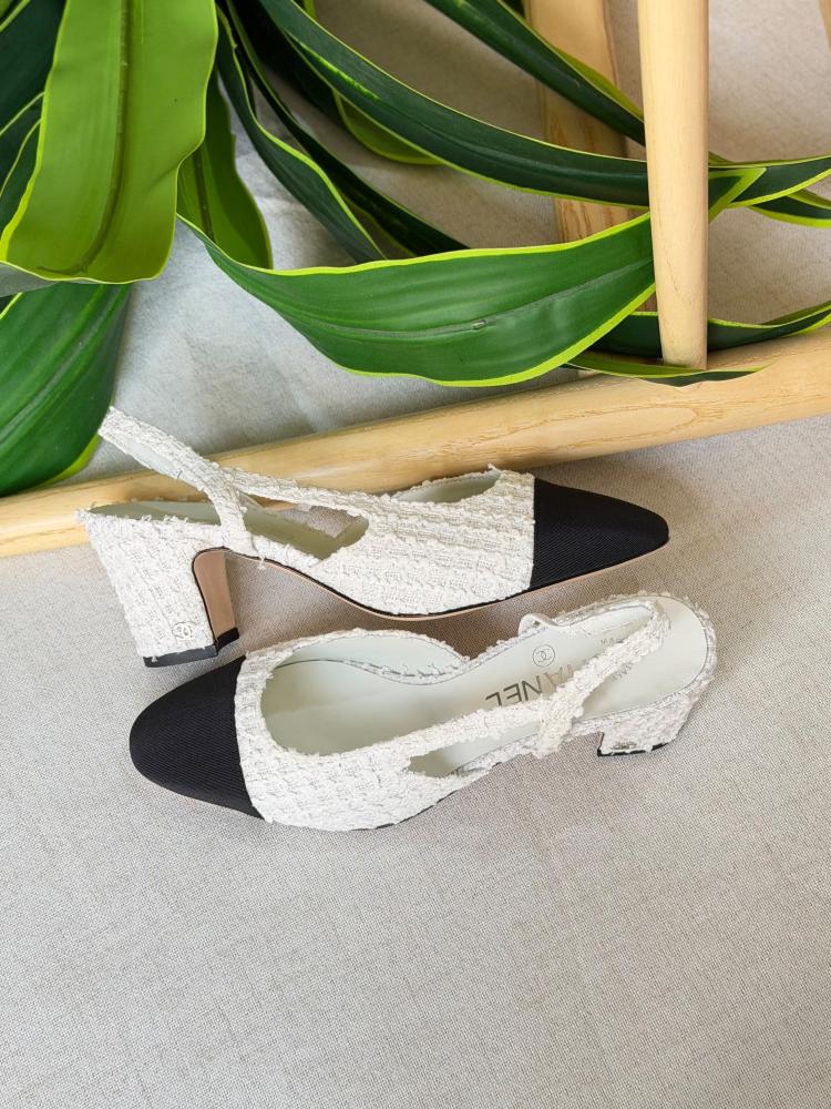 Chanel Tweed Cap Toe Slingback Block Heel