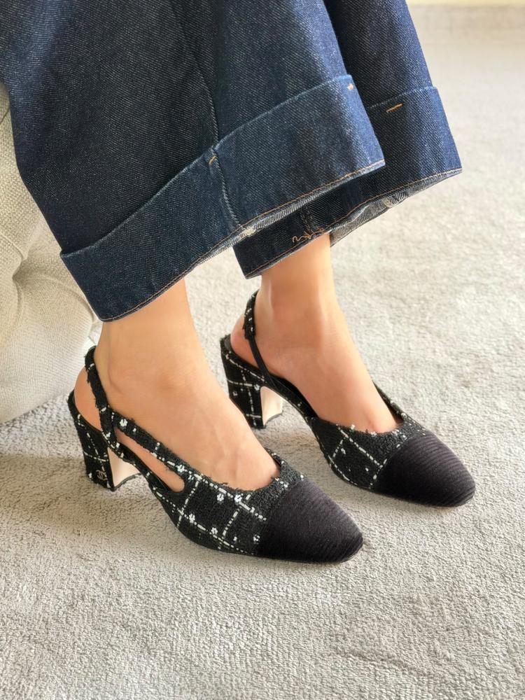 Chanel Tweed Cap Toe Slingback Block Heel