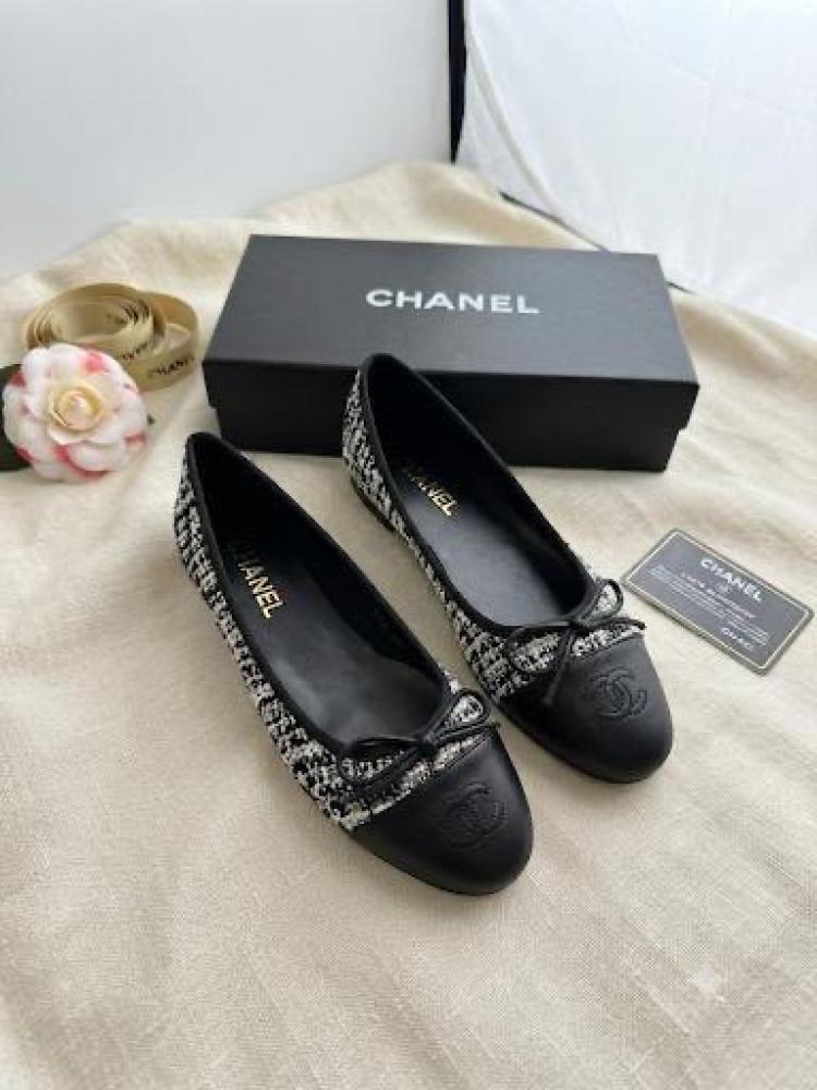 Chanel Tweed Cap Toe Bow Ballet Flat