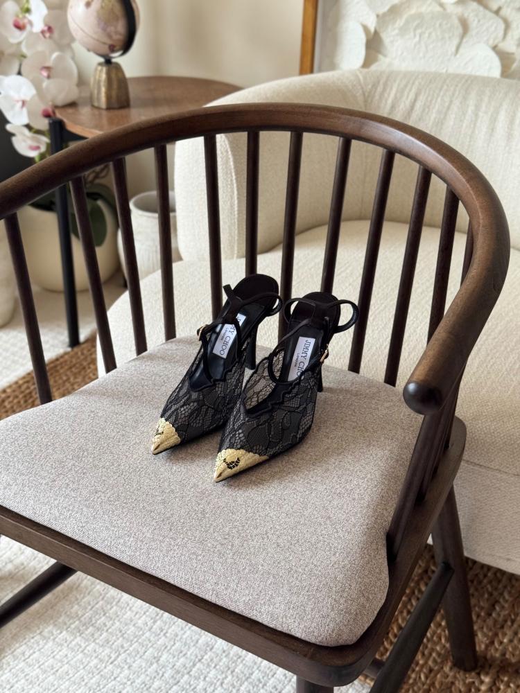 Jimmy Choo Lace Gold Cap Toe Mule Pump