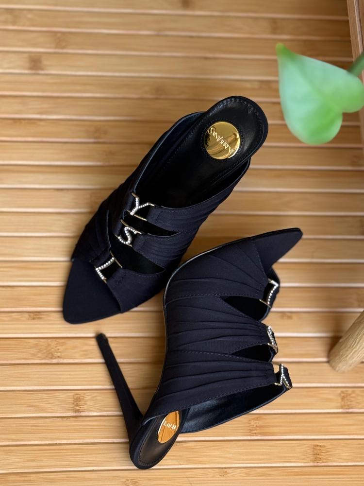 Saint Laurent Satin Crystal Strap Mule Heels