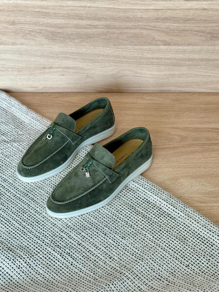 Loro Piana Summer Walk Suede Loafers – Olive Green