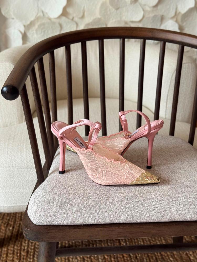 Jimmy Choo Lace Gold Cap Toe Mule Pump