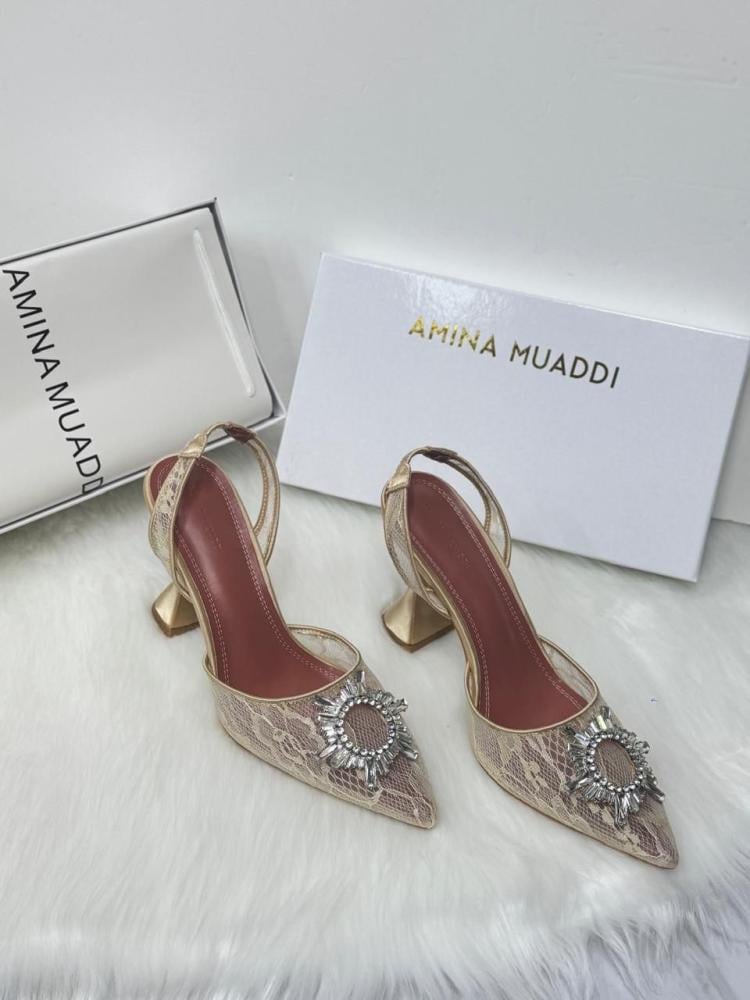 AMINA MUADDI Lace Crystal Slingback Heels