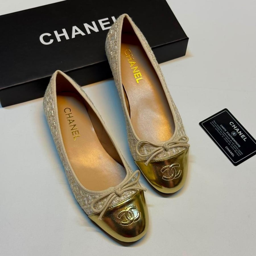 Chanel Tweed Cap Toe Bow Ballet Flat