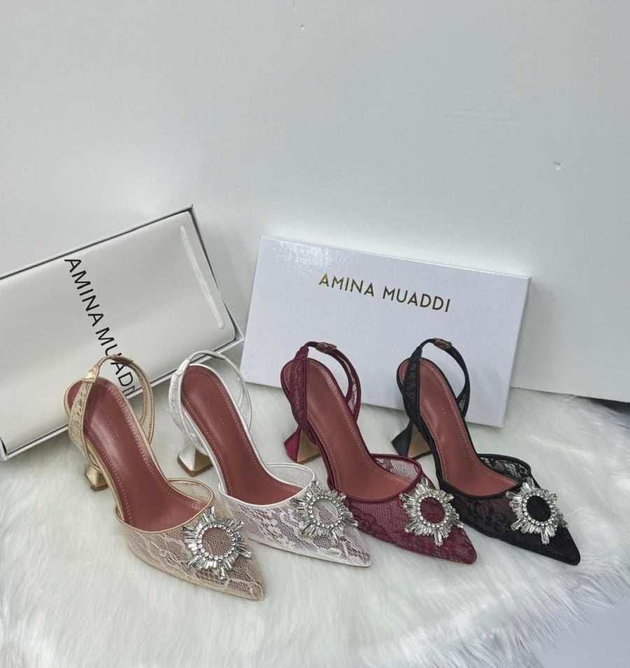 AMINA MUADDI Lace Crystal Slingback Heels