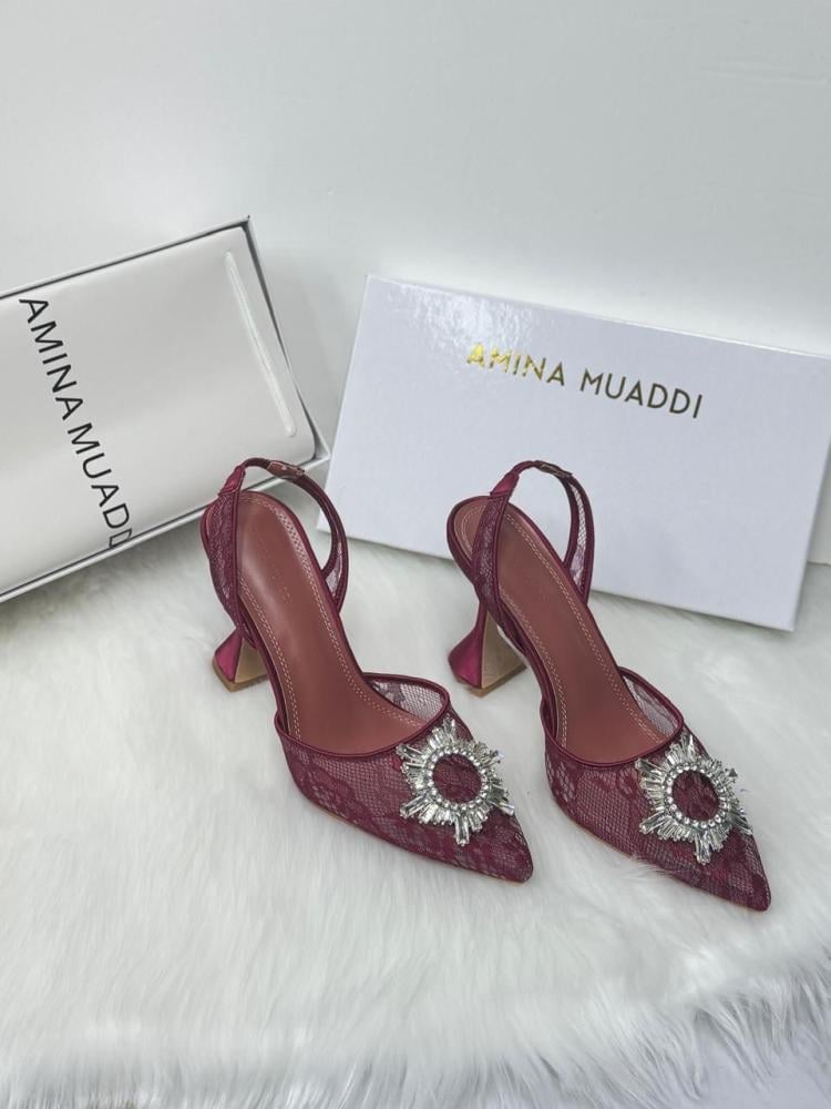 AMINA MUADDI Lace Crystal Slingback Heels