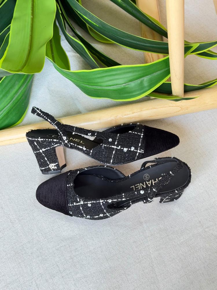 Chanel Tweed Cap Toe Slingback Block Heel