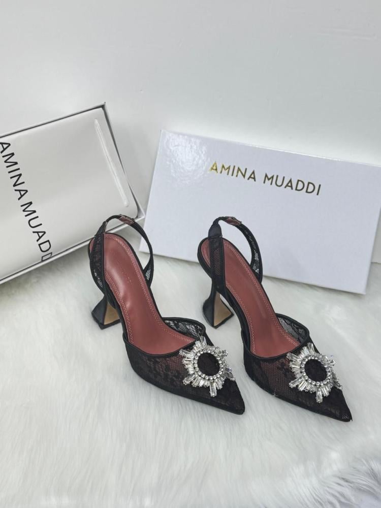 AMINA MUADDI Lace Crystal Slingback Heels