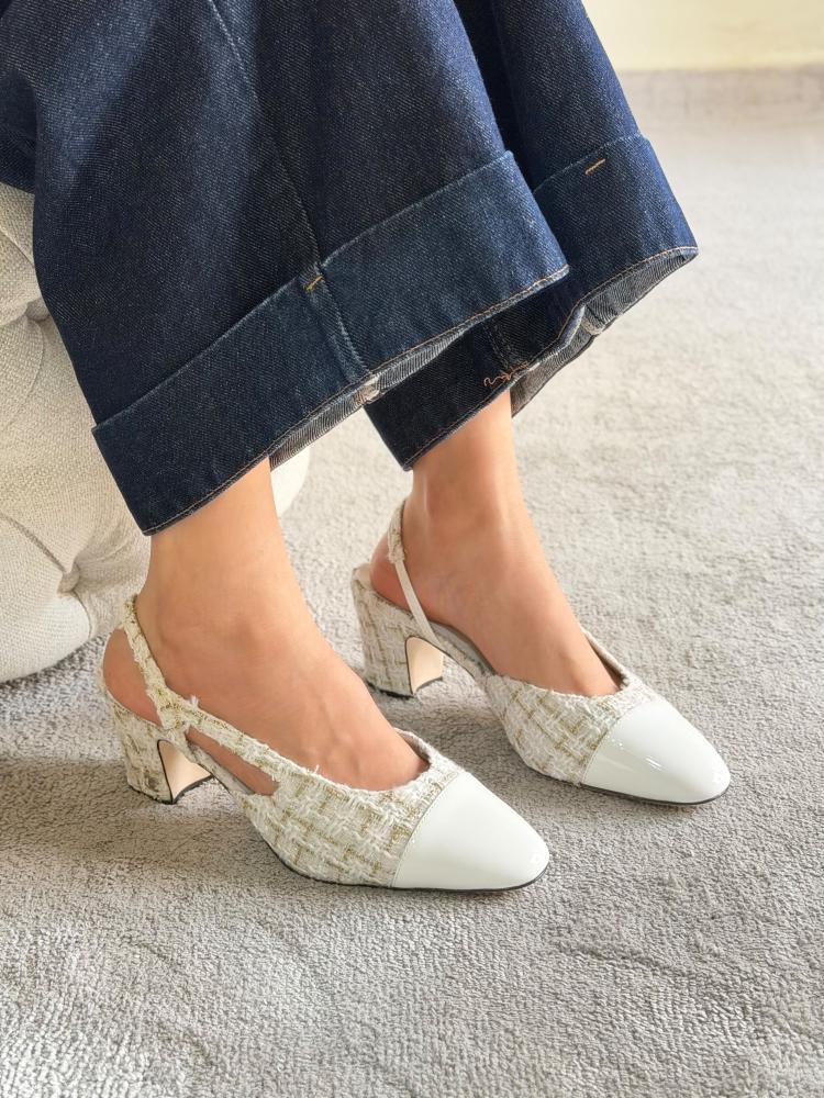 Chanel Tweed Cap Toe Slingback Block Heel