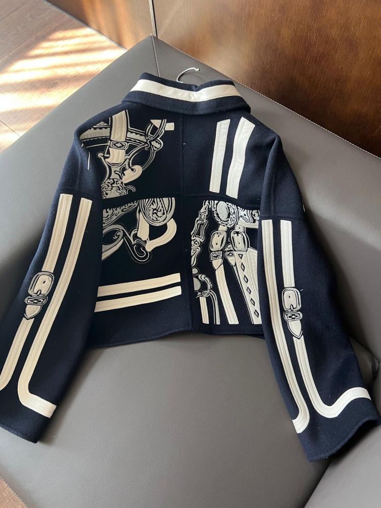 Hermes Navy Blue Embroidered Leather Jacket