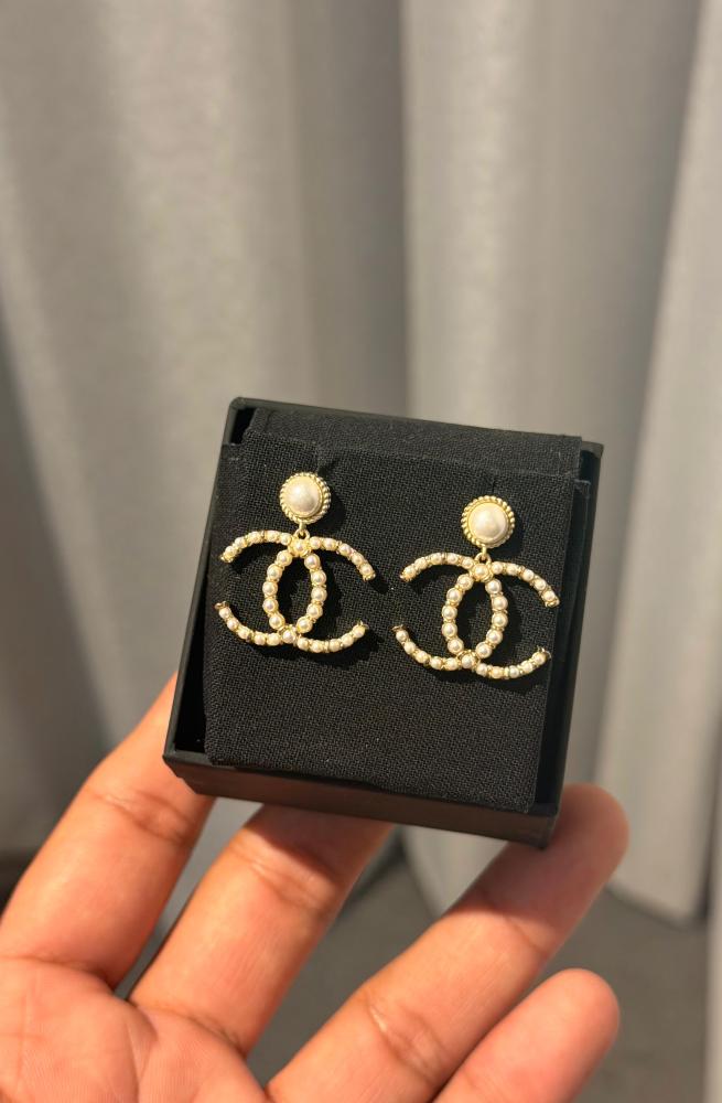 Chanel Double C Pearl Drop Earrings
