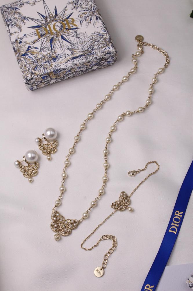 Dior Butterfly Pearl Jewelry Set - Necklace Bracelet and Earrings