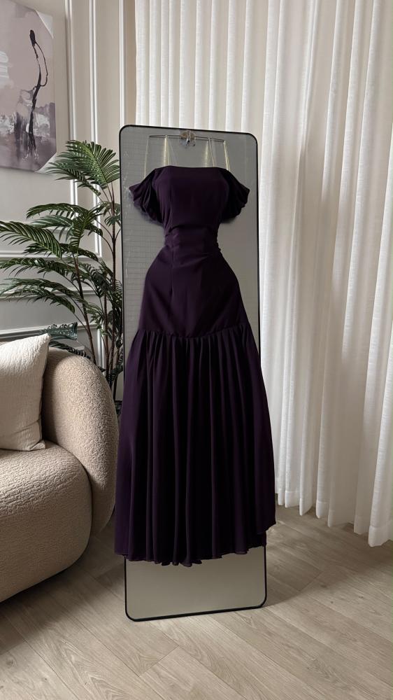 فستان ليلكي ناعم باكمام اوف شولدر 12687
