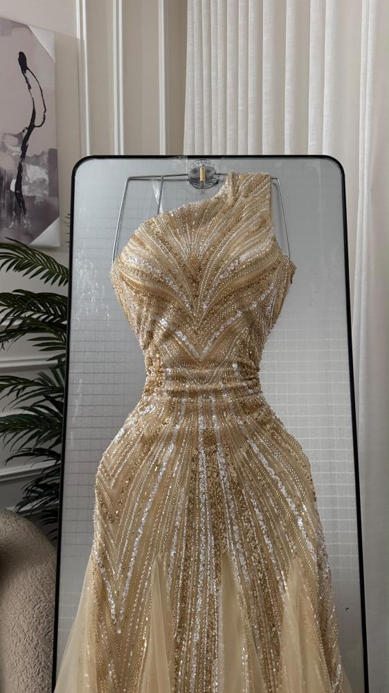 فستان سهره بيج مطرز شك 12718