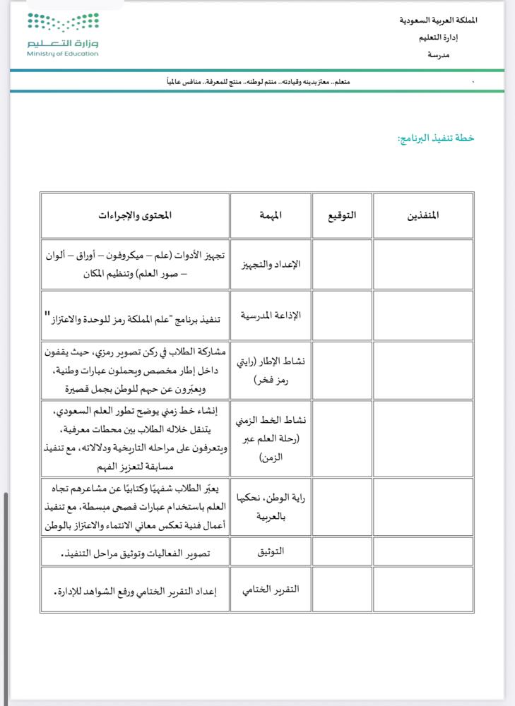 خطة وتقرير يوم العلم صفوف عليا