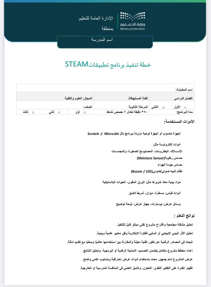 خطة+تقرير برنامج تطبيقات STEAM ثانوي