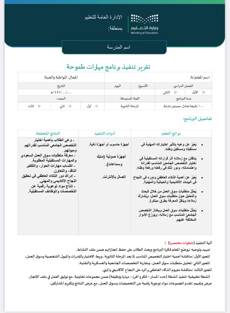 خطة+تقرير برنامج مهارات طموحة ثانوي