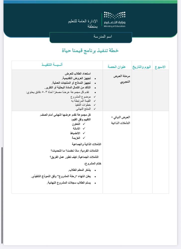 خطة وتقرير برنامج قيمنا حياة