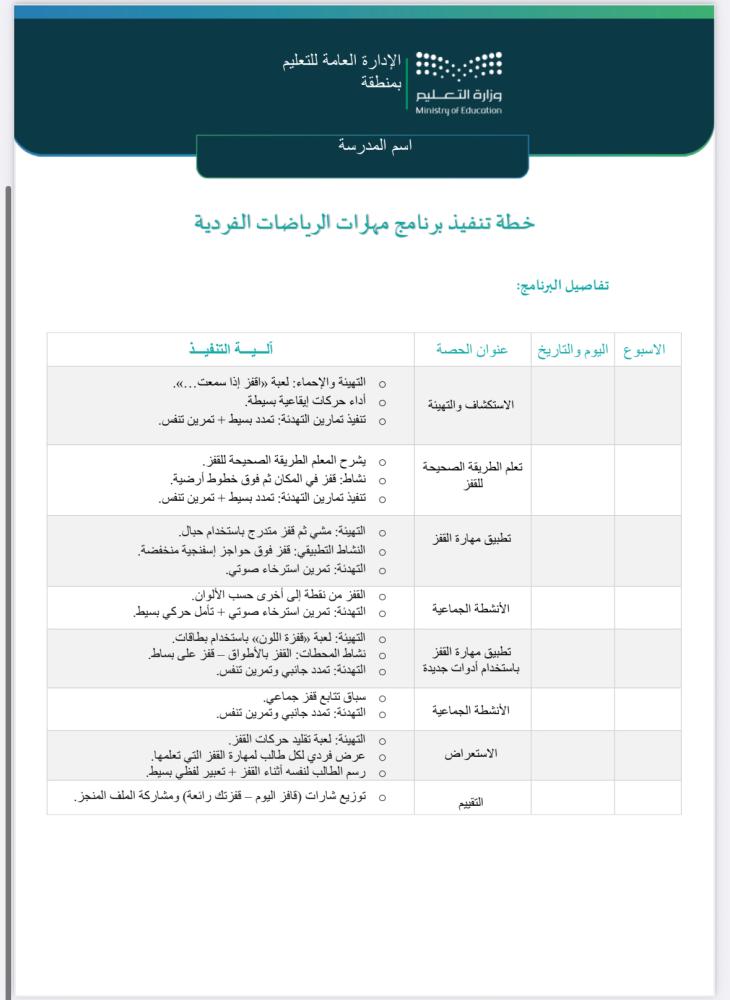 خطة وتقرير الرياضات الفردية - طفولة مبكرة