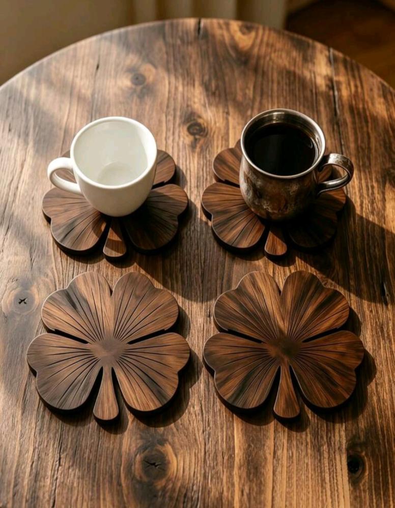 هذا المنتج عبارة عن 8 قواعد أكواب خشبية مسطحة 2D بتصميم شكل زهرة الب