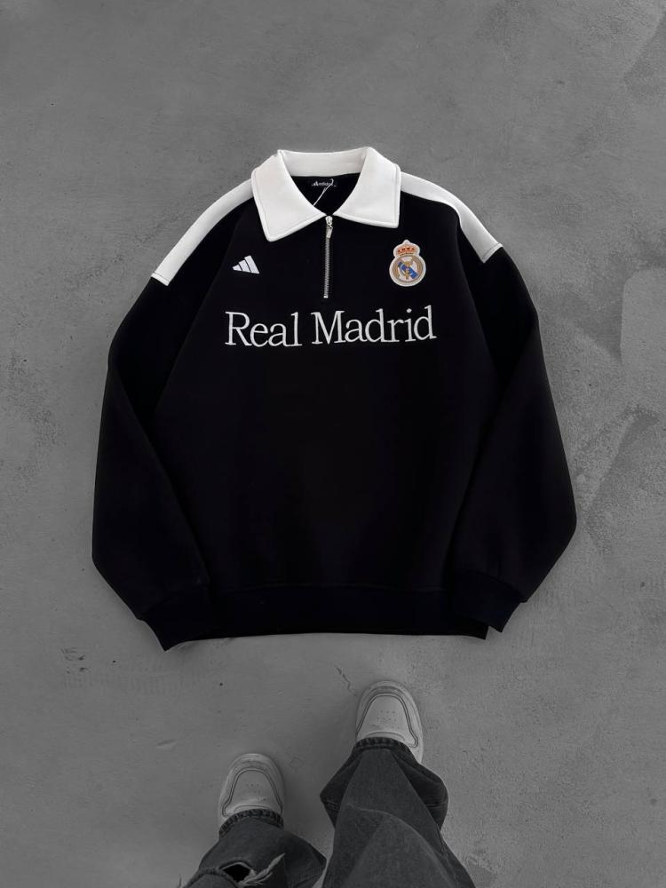 سويتر ريال مدريد الأسود بياقة بيضاء كلاسيكي شتوي | زافيو