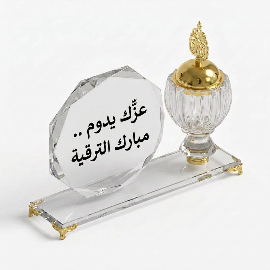 مبخره زجاج  كريستال + لوح زجاج شكل سداسي لكتابة اهداء أو عبارة أو اسم حسب الطلب