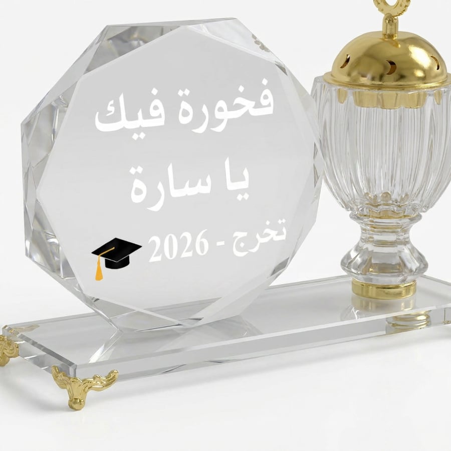 مبخره زجاج  كريستال + لوح زجاج شكل سداسي لكتابة اهداء أو عبارة أو اسم حسب الطلب