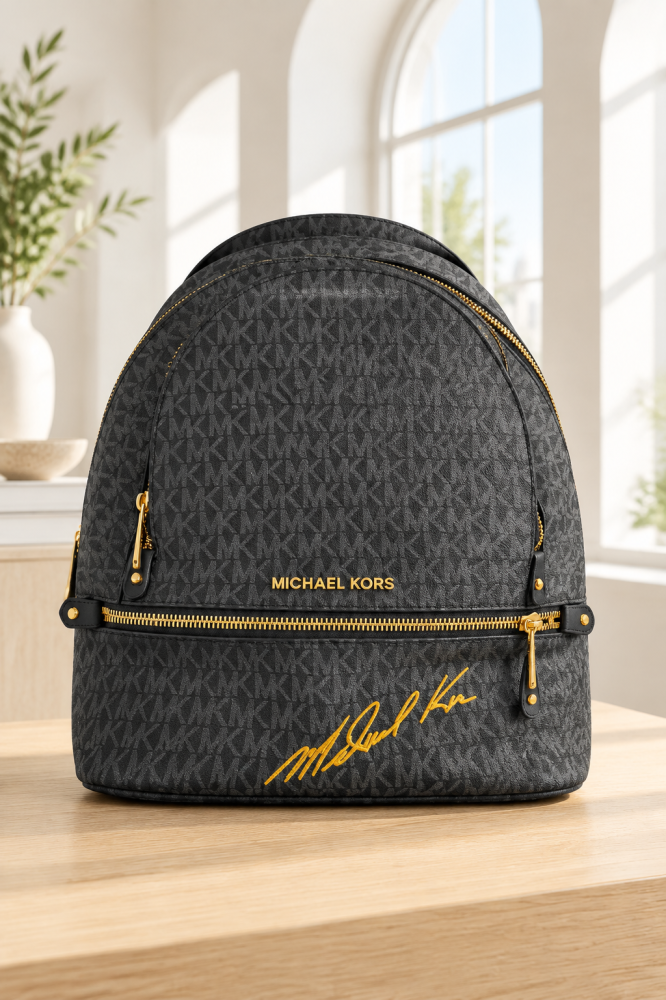 حقيبة ظهر نسائية Michael Kors - أسود رمادي بتوقيع ذهبي