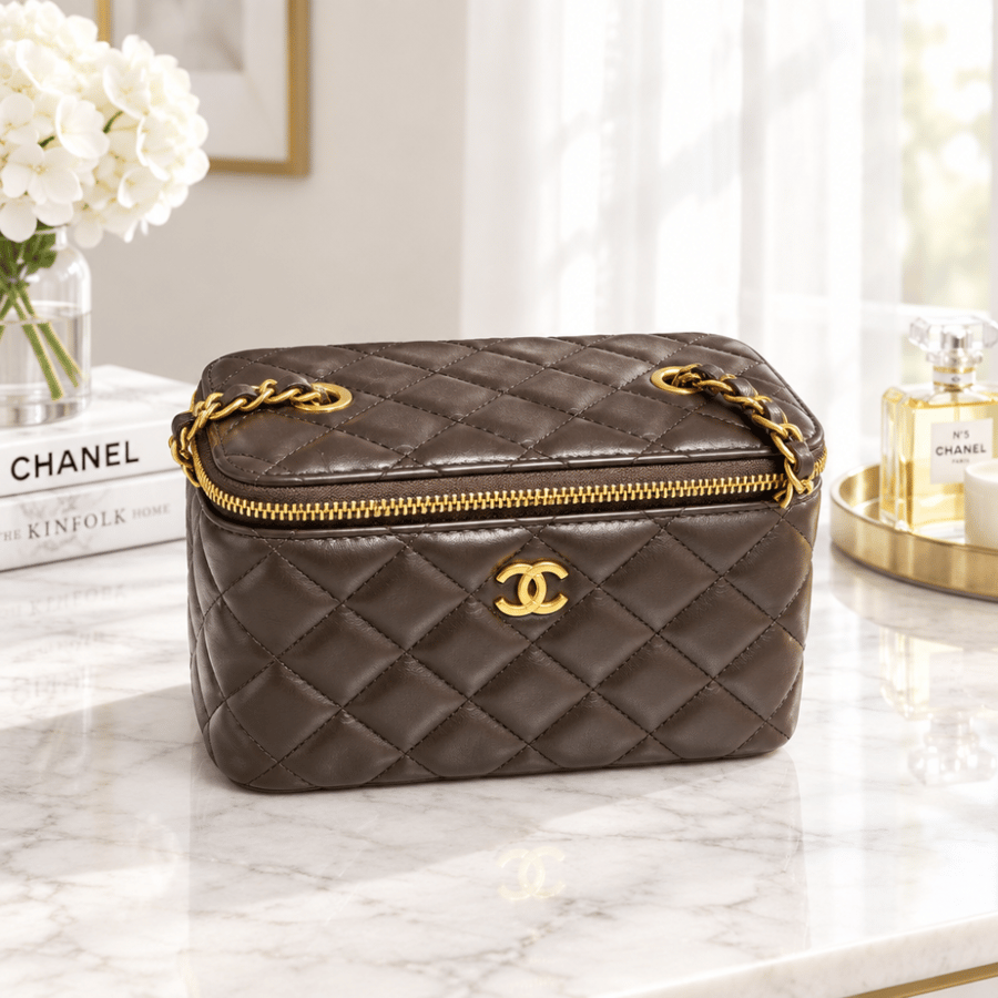 حقيبة كتف نسائية Chanel - بني داكن مبطن فانيتي بسلسلة ذهبية