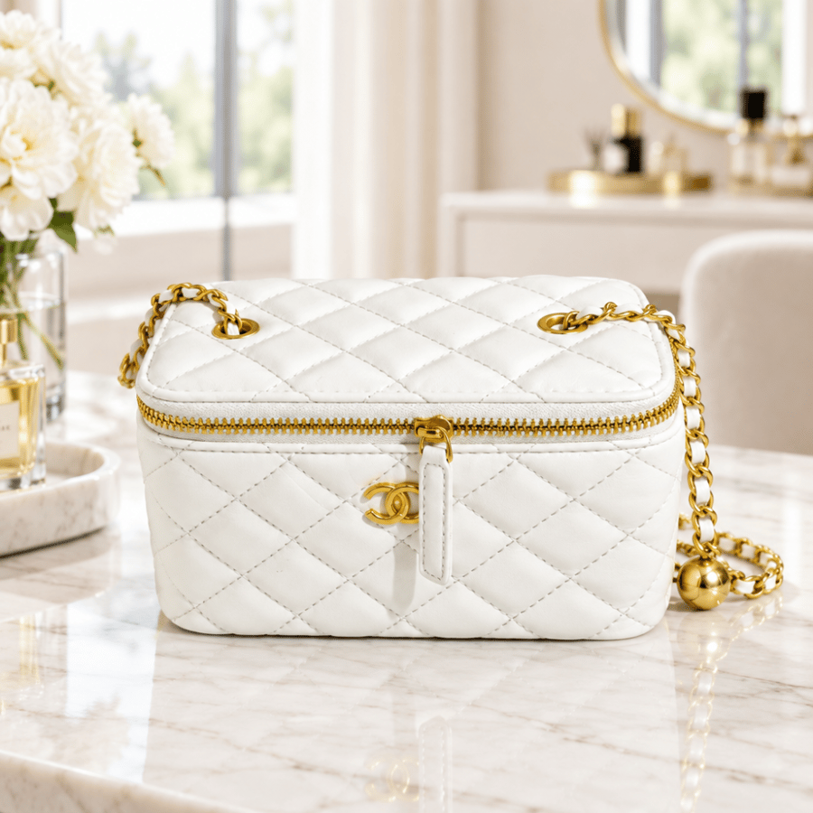 حقيبة كتف نسائية Chanel - أبيض مبطن فانيتي بسلسلة ذهبية