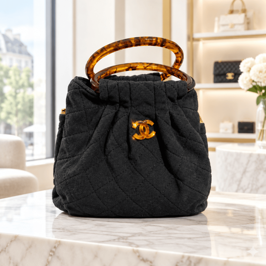 حقيبة يد نسائية Chanel - أسود قماش بمقبض سلحفاة