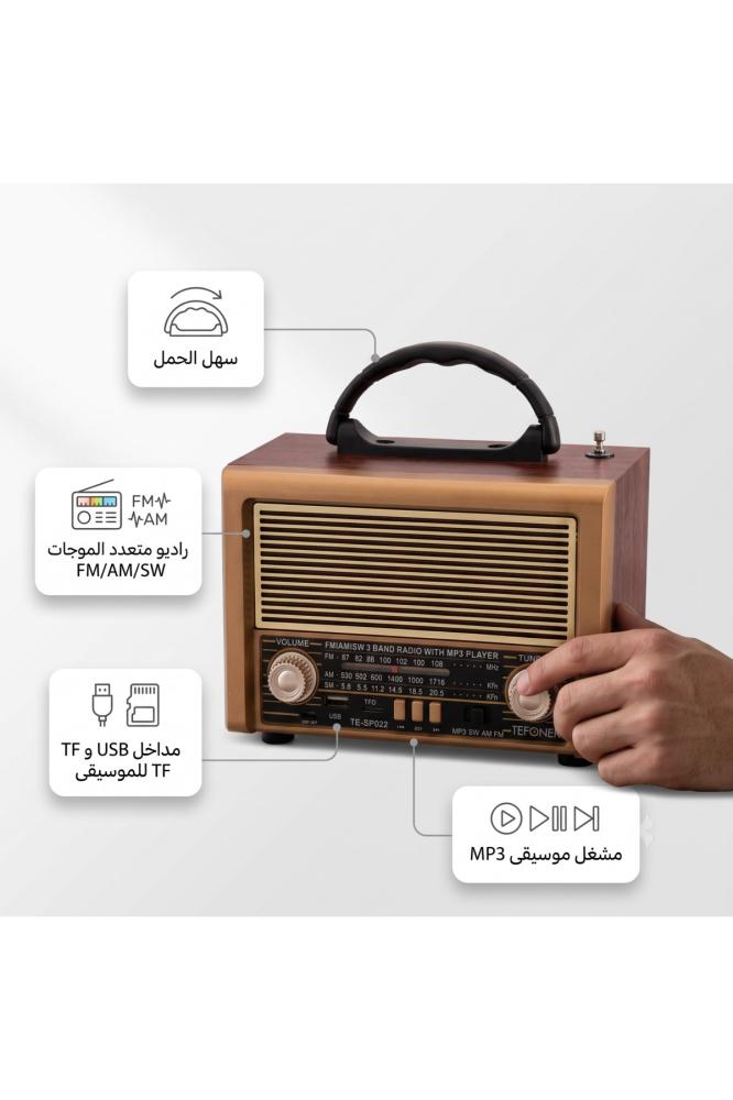 راديو TE-SP022 محمول بتصميم كلاسيكي يدعم AM/FM/SW مع مشغل MP3 ومنفذ USB وبطاقة TF ومقبض حمل للاستخدام المنزلي والرحلات والتخييم