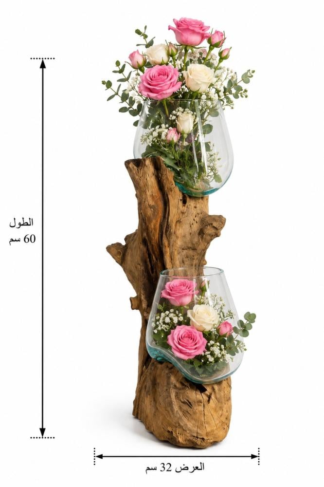 حامل مزهريات خشبي طبيعي طولي بوعاءين زجاجيين شفافين لتنسيق الورود والد