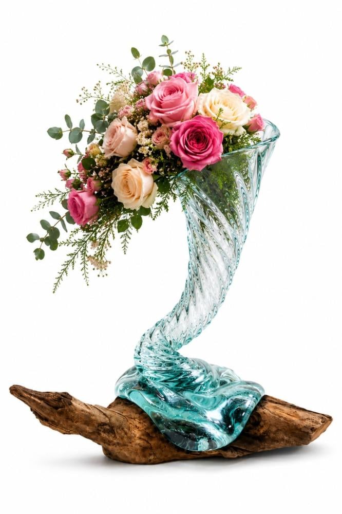 حوض أسماك زجاجي بتصميم حلزوني شفاف وقاعدة من الخشب الطبيعي مع نباتات م