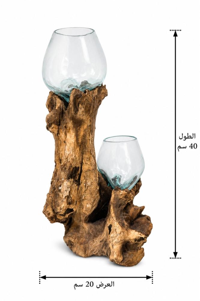 حامل مزهريات خشبي طبيعي بوعاءين زجاجيين شفافين وارتفاع 40 سم للديكور ا
