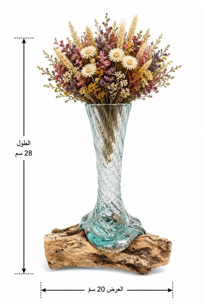 مزهرية زجاجية شفافة بتصميم حلزوني وقاعدة من الخشب الطبيعي مع باقة زهور