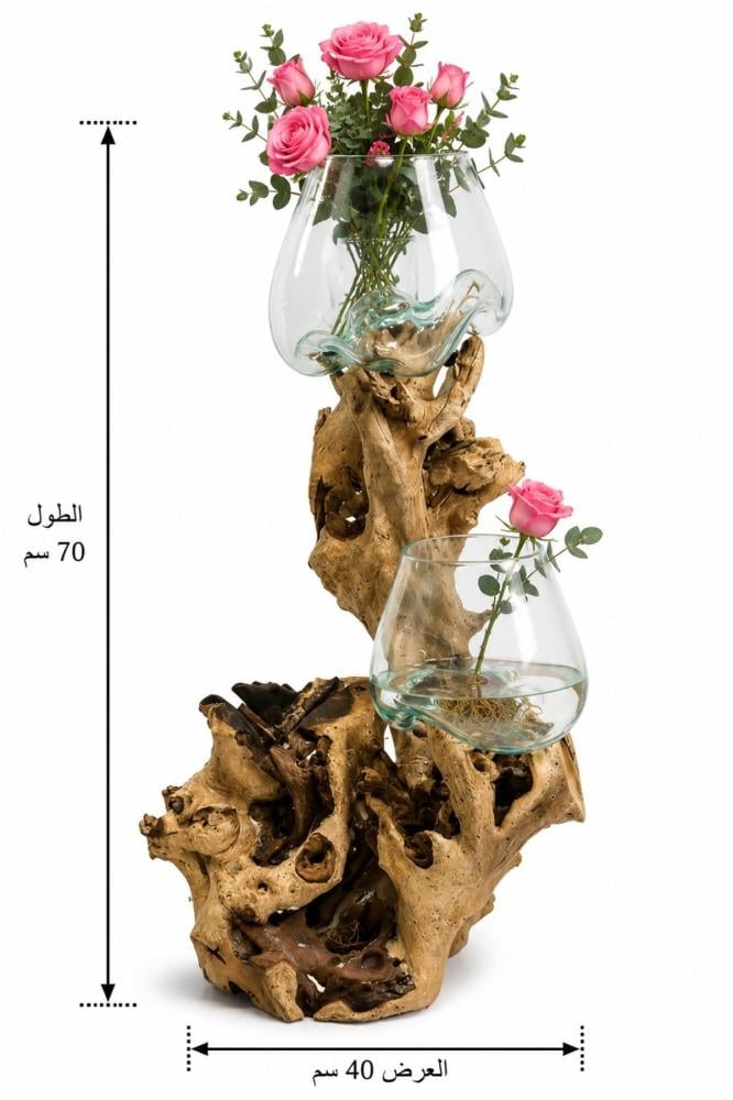 حامل مزهريات من الخشب الطبيعي بوعاءين زجاجيين شفافين لتنسيق الورود وال