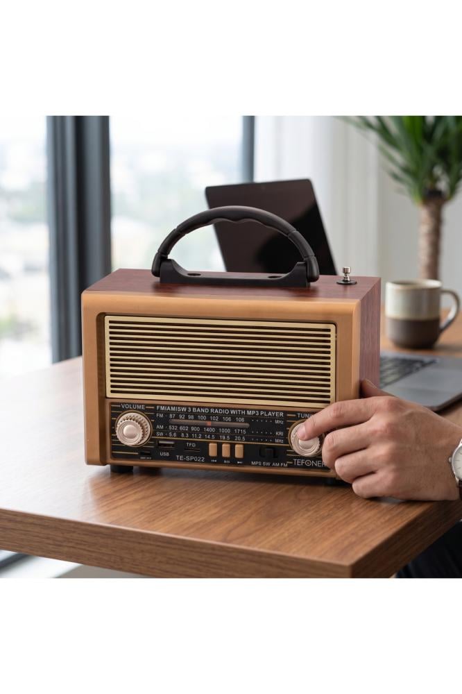 راديو TE-SP022 محمول بتصميم كلاسيكي يدعم AM/FM/SW مع مشغل MP3 ومنفذ USB وبطاقة TF ومقبض حمل للاستخدام المنزلي والرحلات والتخييم