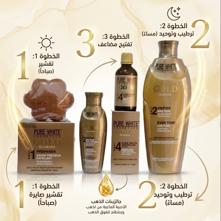 عبوة مجموعة عناية وايت جولد Pure White بلقطة مقربة توضح تفاصيل الملصق