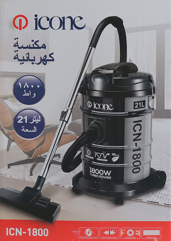 مكنسة ايكون برميل 21 لتر 1800 وات - اسود - موديل :ICN-1800