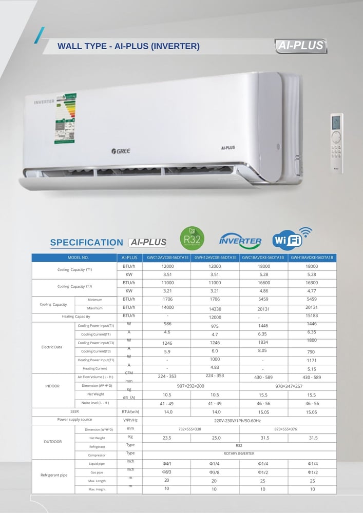 مكيف اسبليت جري أي بلس AI-PLUS انفرتر 12000 وحدة بارد GWC12AVCXB-S6DTA1E