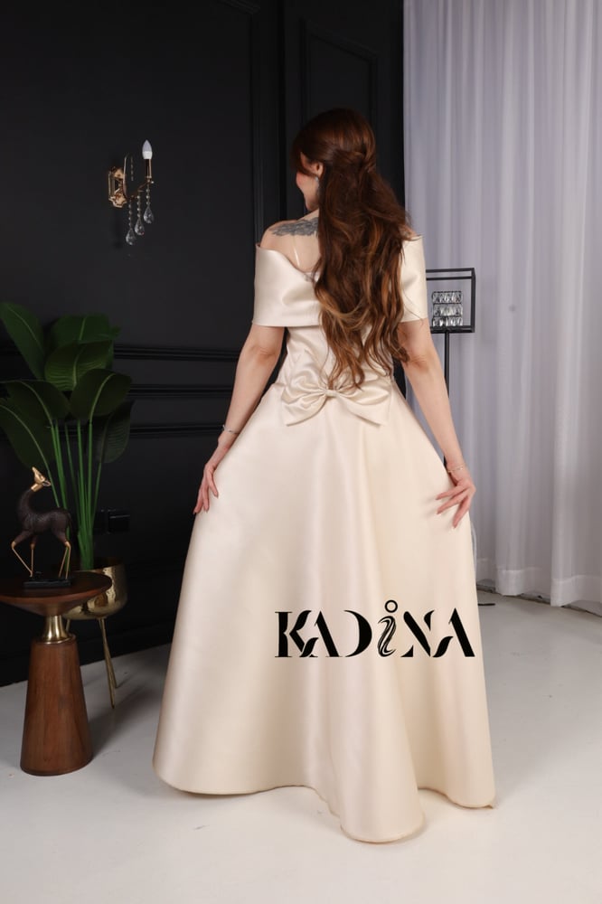 Evening dress off shoulder satin shiny embroidered