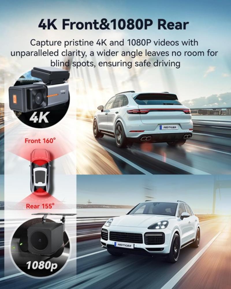 داش كام SafeDrive S2 بعدستين بدقة 4K+1080P مع شاشة IPS وواي فاي ورؤية ليلية Starlight