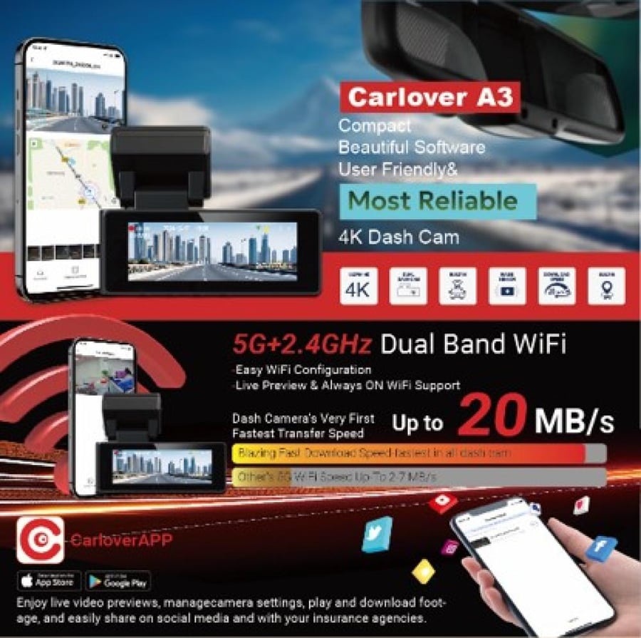 داش كام SafeDrive A3 بعدستين بدقة 4K+2K ونظام GPS وبث واي فاي ورؤية ليلية