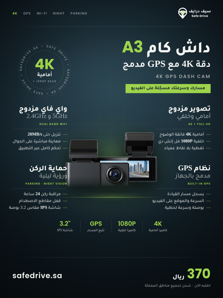 داش كام SafeDrive A3 بعدستين بدقة 4K+2K ونظام GPS وبث واي فاي ورؤية ليلية