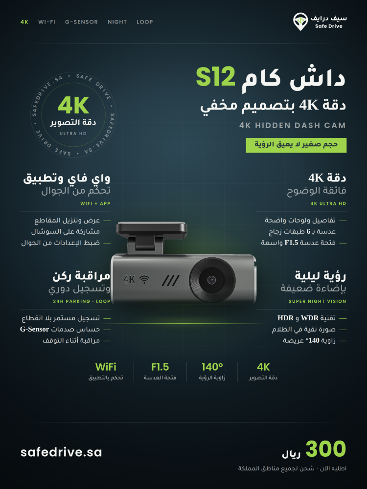 داش كام SafeDrive S12 بدقة 4K مع شاشة لمس IPS وواي فاي ورؤية ليلية