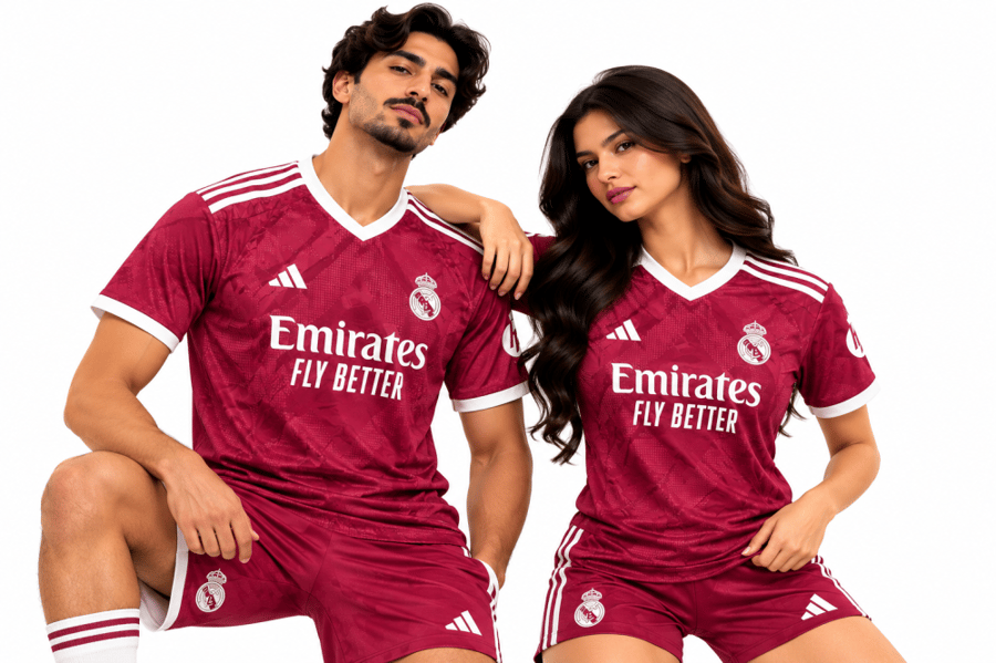 طقم ريال مدريد رجالي ونسائي تيشيرت وشورت عنابي